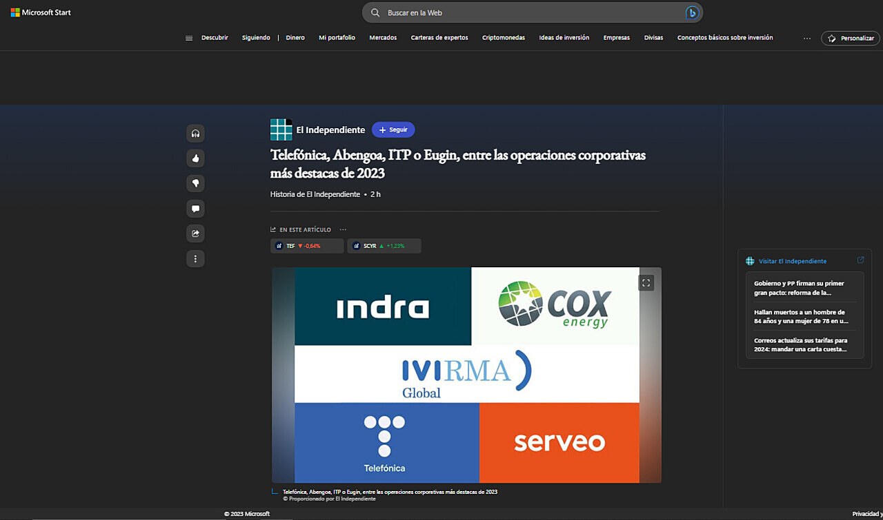 Telefnica, Abengoa, ITP o Eugin, entre las operaciones corporativas ms destacas de 2023
